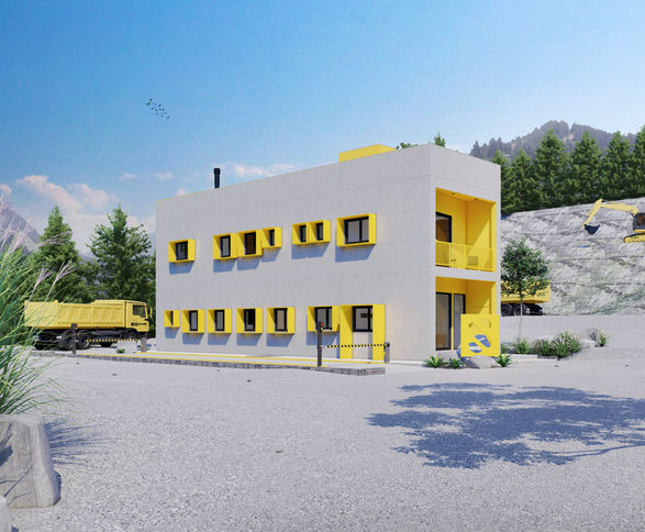 Estúdio Roger Trevizan - projeto de arquitetura comercial para escritório de uma empresa de mineração com estrutura pré fabricada de concreto em uma pedreira de basalto