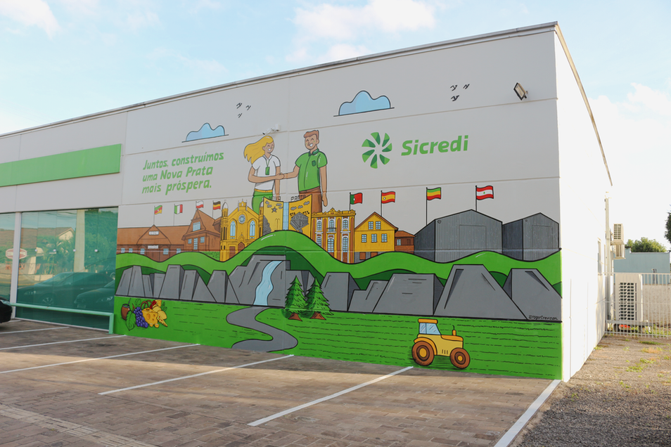 Estúdio Roger Trevizan -Arte em paredes com murais artísticos e pinturas personalizadas com arte da cidade de nova prata e seus pontos turísticos com homenagem do banco sicredi para a cidade