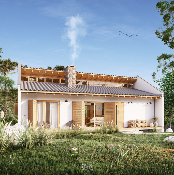 Estúdio Roger Trevizan - projeto de arquitetura de casa de campo simples no interior da cidade com telhado cerâmico com telhado interno aparente e lareira