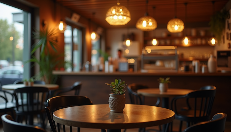 Eye-level view of a cozy café interior with soft jazz music playing in the background