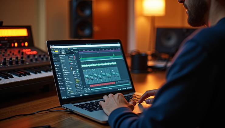 Eye-level view of a music producer working with digital audio software on a laptop