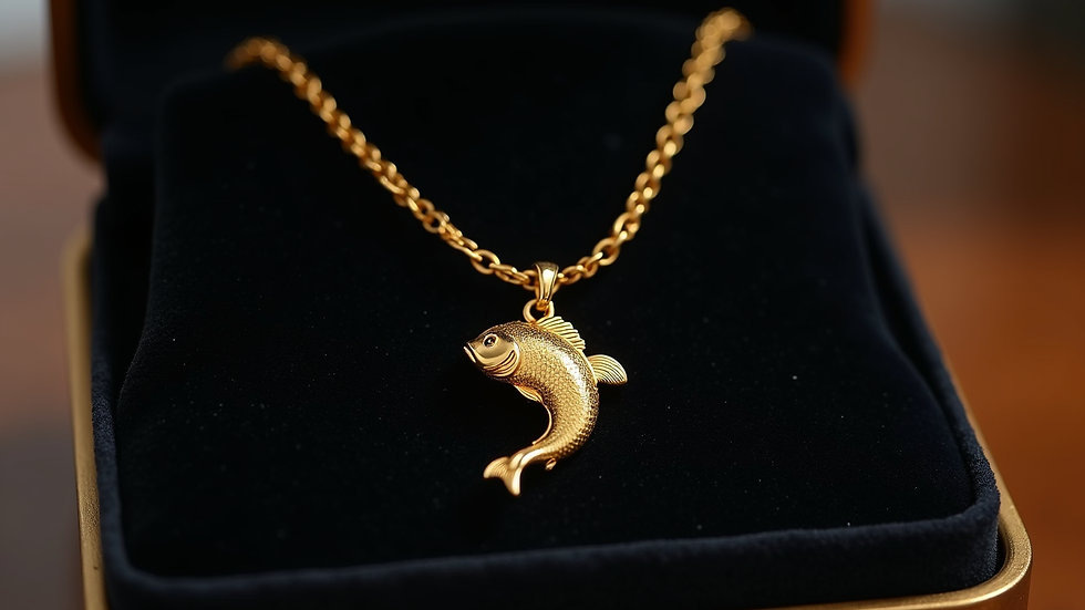 Eye-level view of a gold fish pendant necklace on a black velvet display