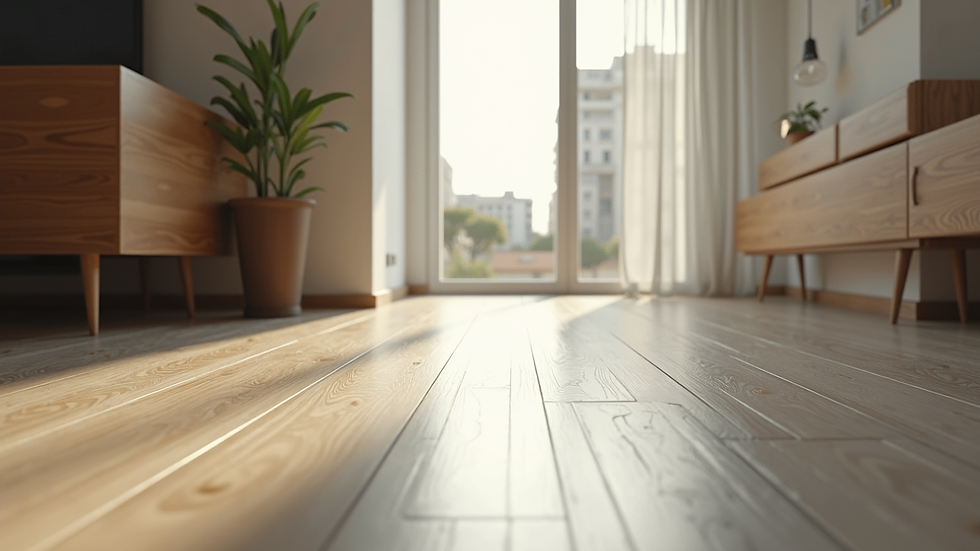 Vista aérea de piso de madeira restaurado com brilho uniforme e acabamento impecável