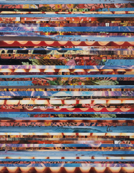 Collage of horizontal strips of sunset and ocean scenes