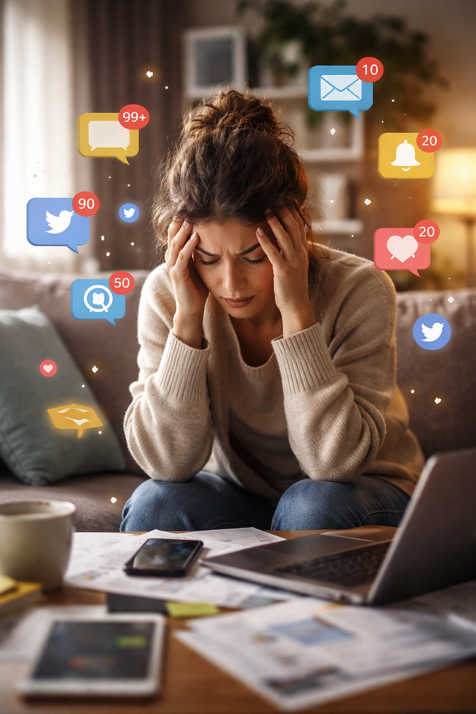 A woman sitting on a couch holding her head while surrounded by digital notifications, illustrating information overload, stress, and the mental health impact of constant connection.