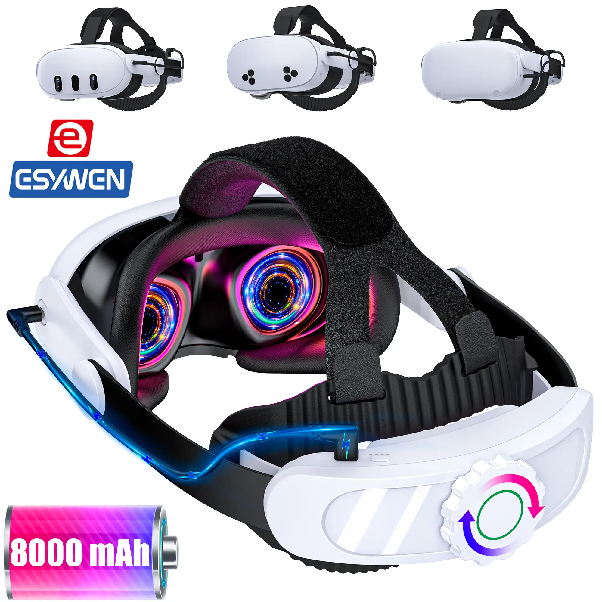 ESYWEN Battery Head Strap for Meta Quest 3S/3/2,VR Headset Strap with 8000Mah Re