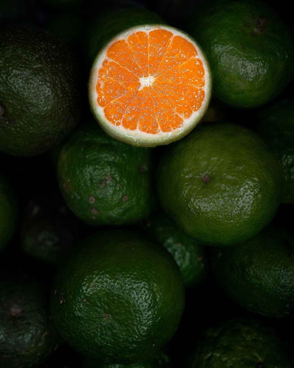 Close up of green citrus fruits at a market with one sliced open to reveal a bright orange interior, photographed as a graphic detail while traveling.