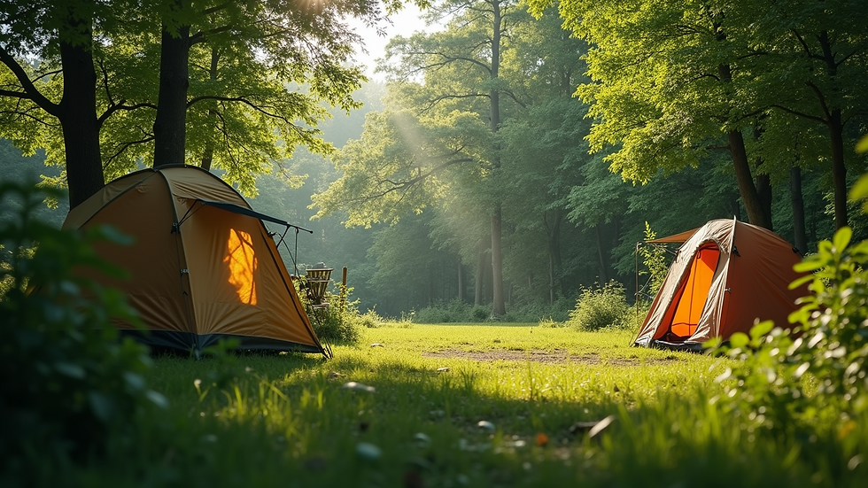 Wide angle view of a serene campsite surrounded by lush greenery