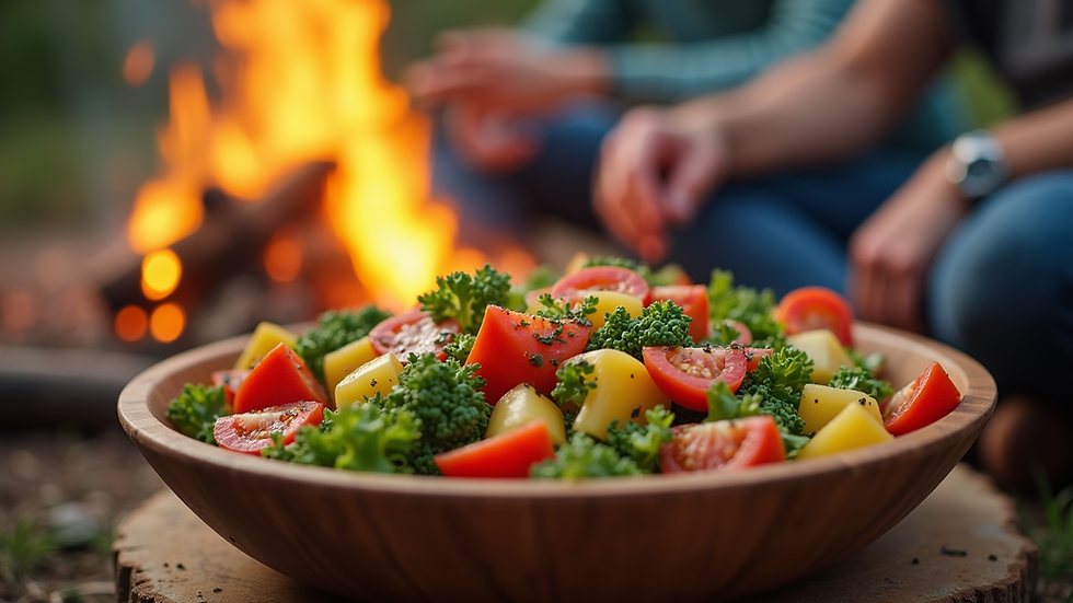 Eye-level view of a colourful vegetable salad in a wooden bowl