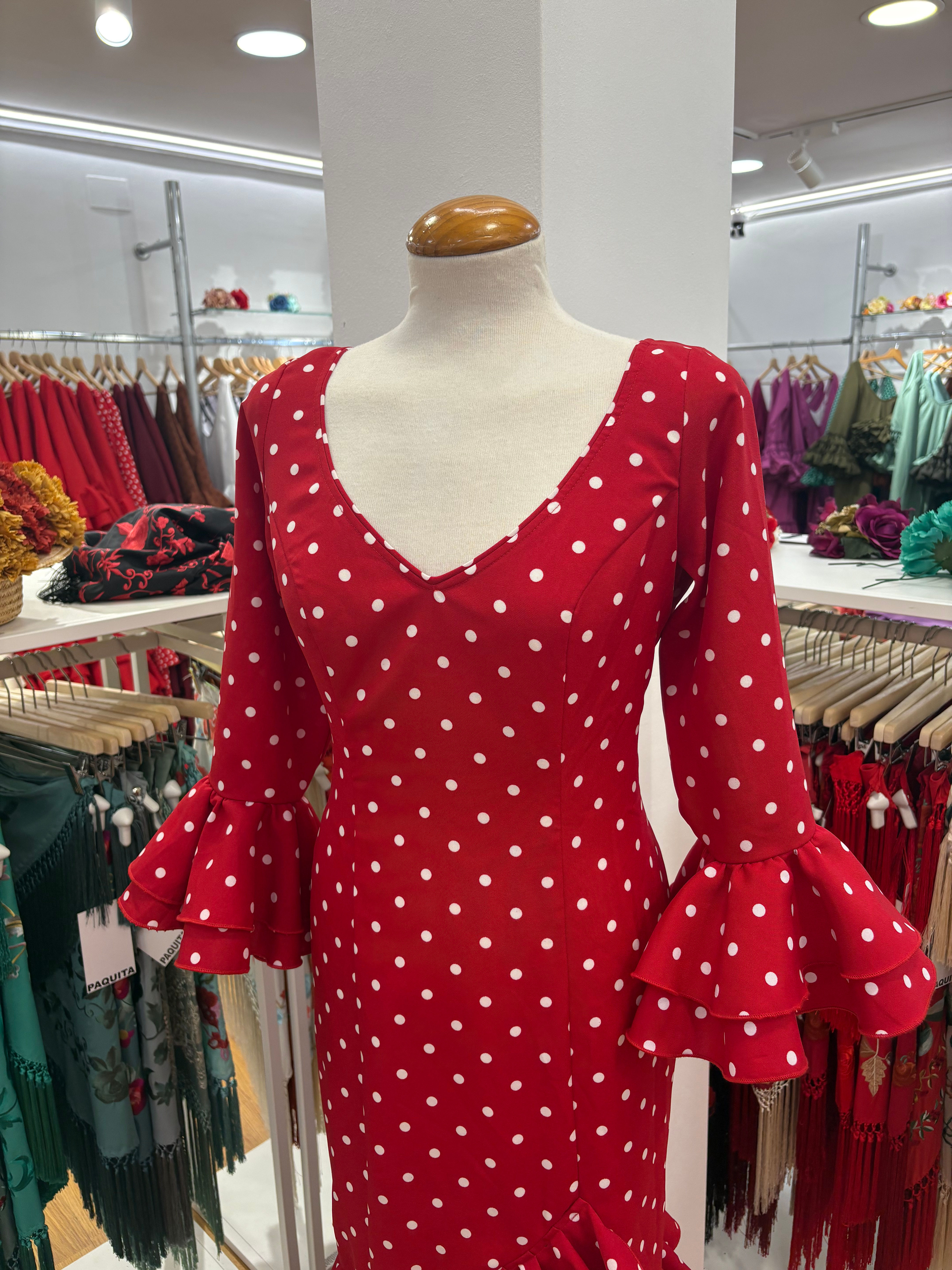 Traje Flamenca Lola Rojo Lunar BLanco medio