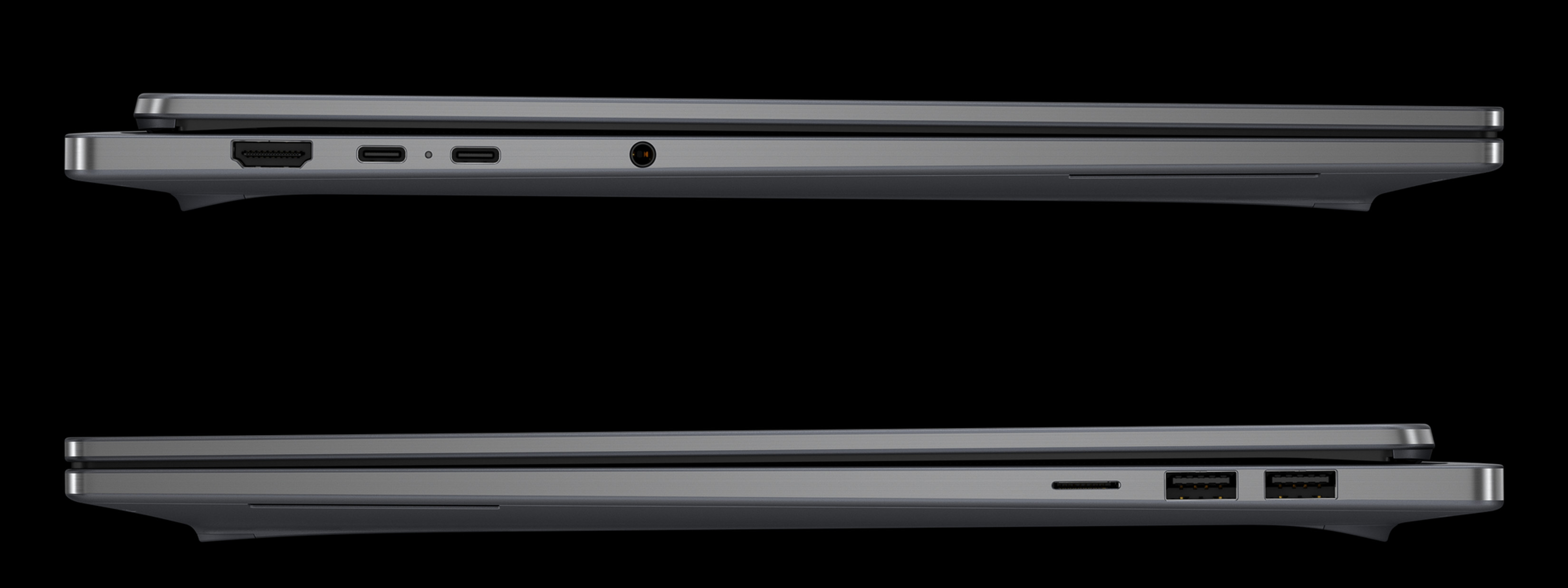 The left-hand and right-hand sides of the HP OmniBook Ultra 16 laptop against a black background, highlighting ports and thin closed designs.