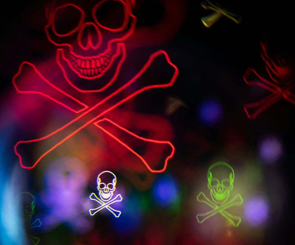 Multiple skull and bones icons on a dark background signifying cybersecurity threats.