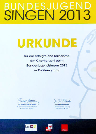 Urkunde Bundesjugend Singen 2013 für erfolgreiche Teilnahme, Kindergarten, Tyrol.