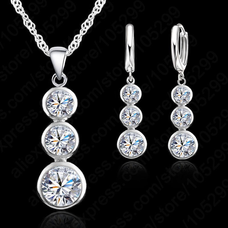 Women Classic 925 Sterling Silver Bridal Jewelry Sets Pendants Necklaces Earring
