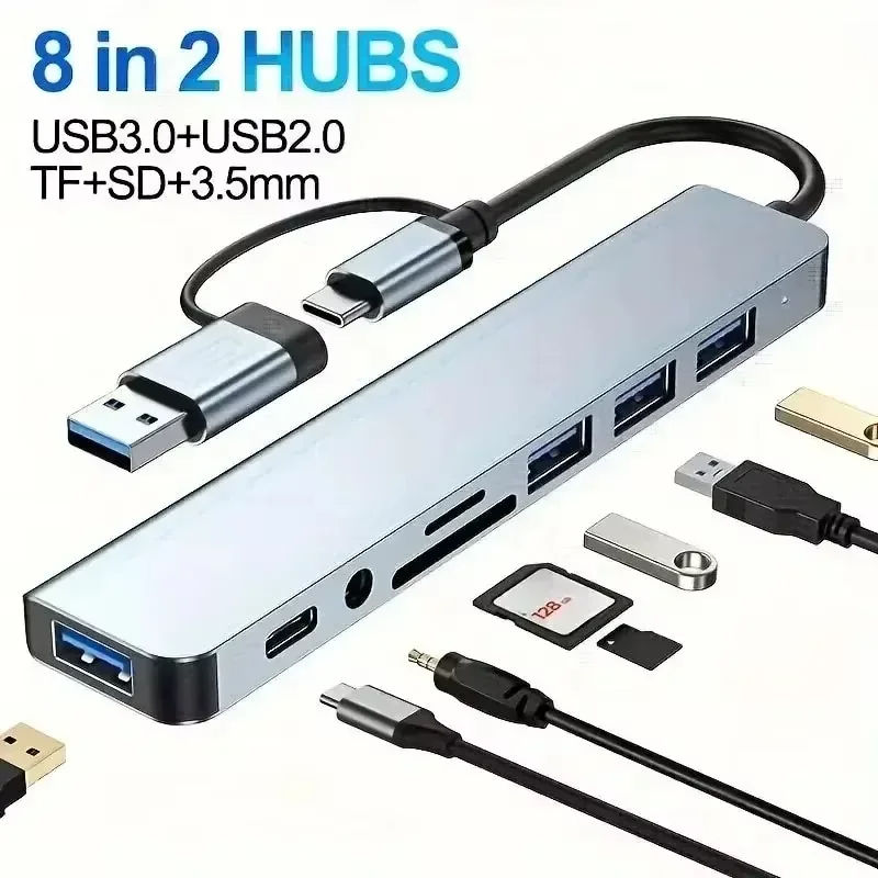 8 in 2 USB +Type C HUB Docking Station with 3.5mm Audio Jack Adapter Micro SD Ca