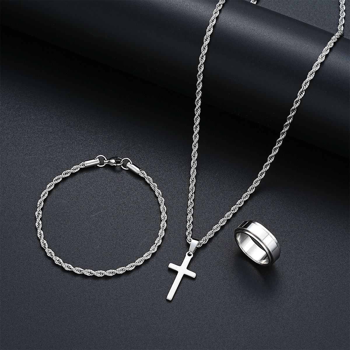 Stainless Steel Simple Jewelry Set For Men Women Fashion Silver Color Cross Pend