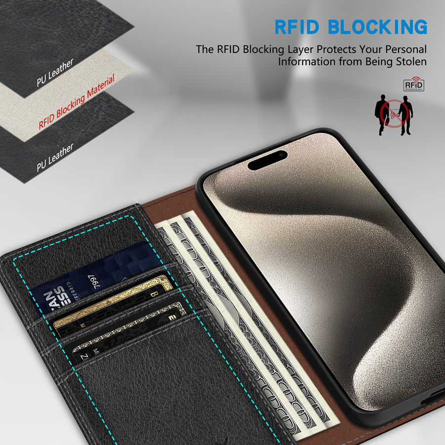 Thumbnail: Wallet Skin Friendly Card Slot Stand Magnetic Flip Leather Case For iPhone 15 Pr