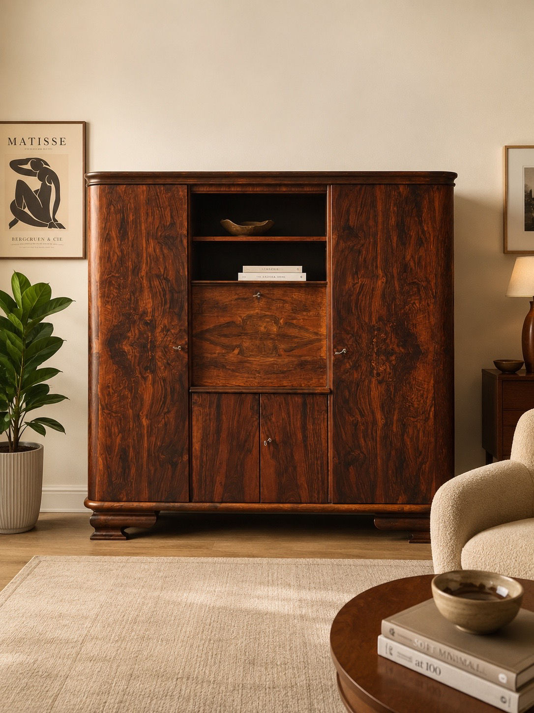 art deco Kleiderschrank vor cermefarbener wand links eine grünpflanze und ein bild, rechts steh ein sessel