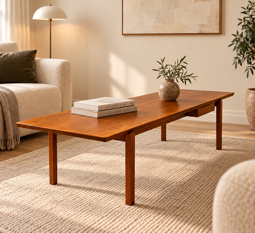 mid-century Couchtisch aus Holz mit Schublade und ausziehbarer Ablageflaeche