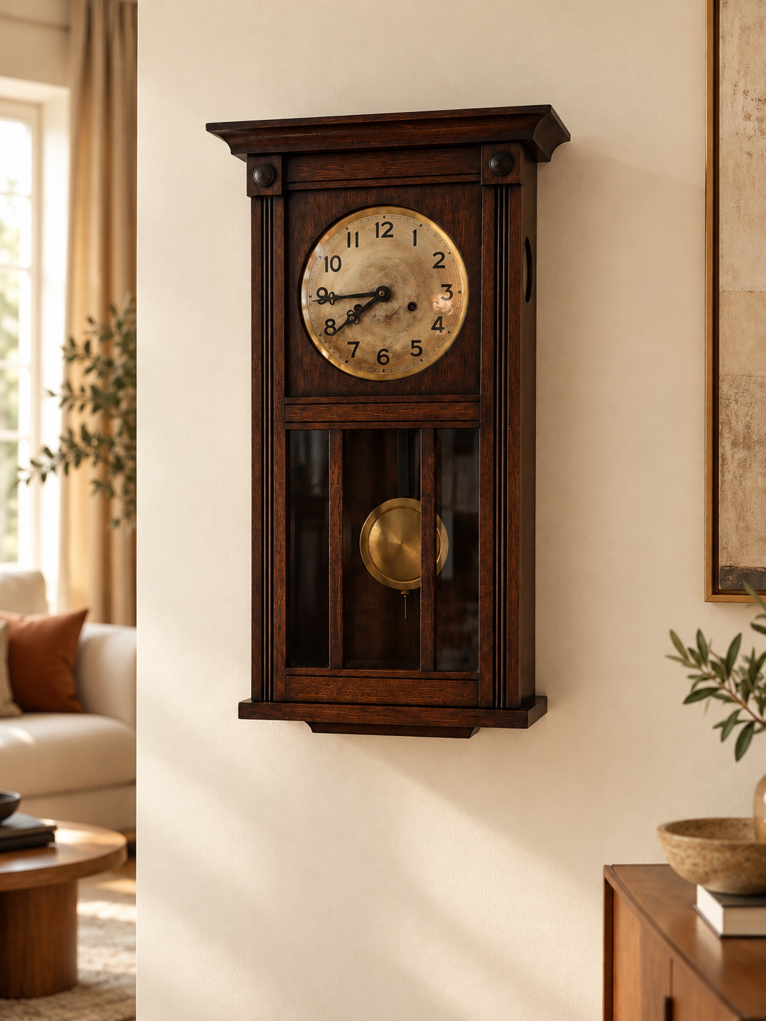 Historische Wanduhr mit dunklem Holzgehäuse und Messingpendel an einer cremefarbenen Wand in einem stilvollen Wohnzimmer