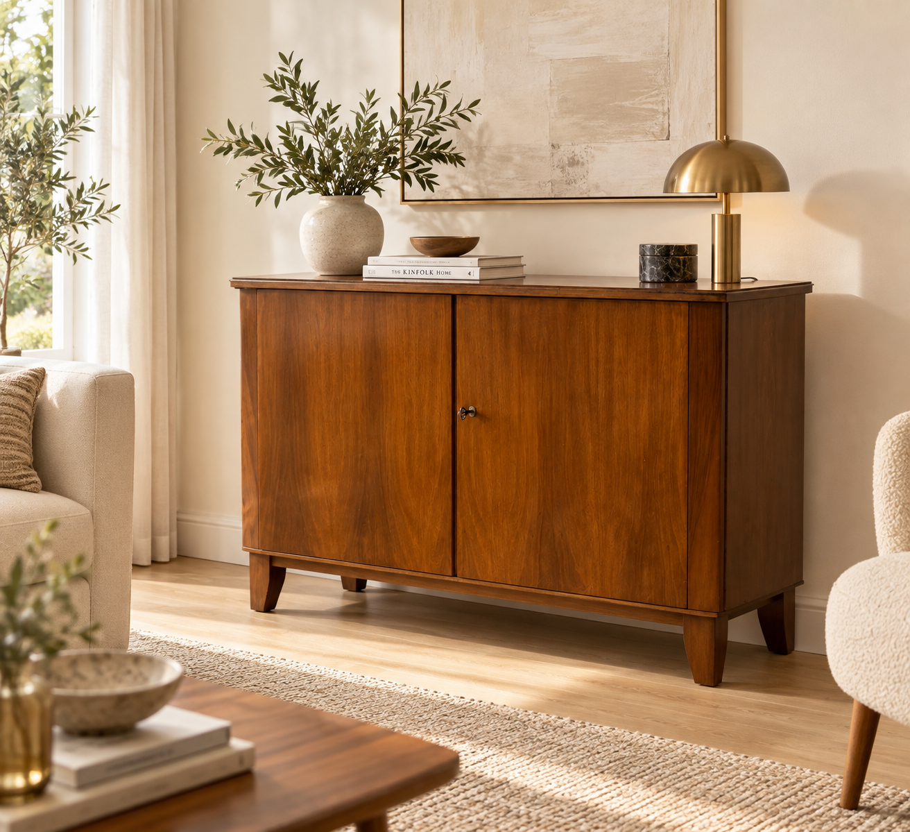 original mid-century Kommode aus Nussbaum in einem hochwertigen Wohnzimmer
