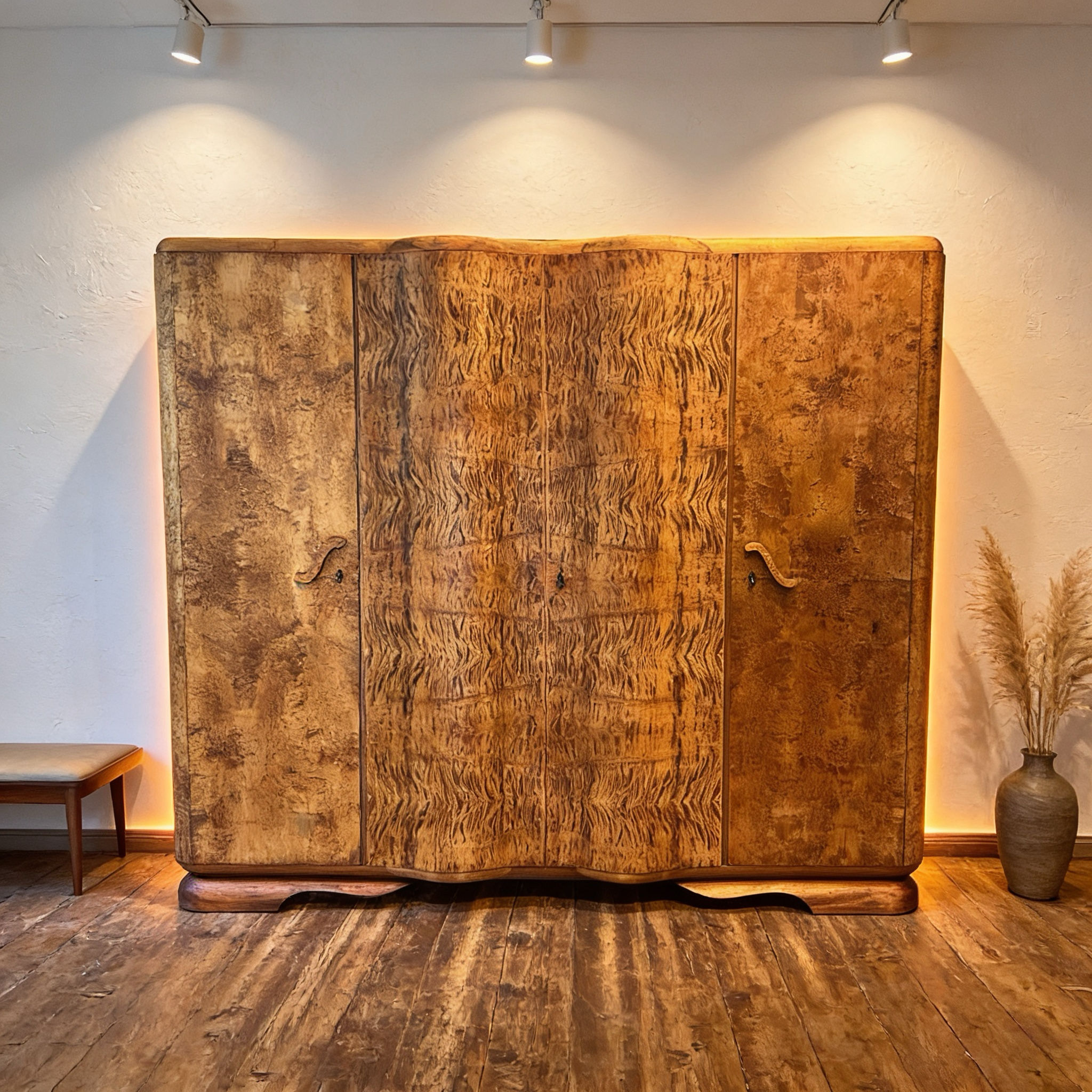 art deco Holz Kleiderschrank auf einem Holzboden vor einer weißen Wandbeleuchtung von oben