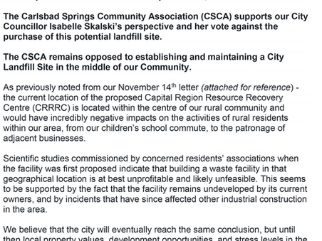 The Carlsbad Springs Community Association and local residents pushing back against the city’s bid to buy a landfill near Hwy 417 at Boundary Rd. 