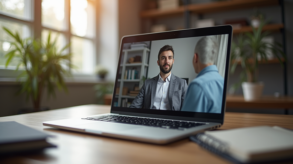 Eye-level view of a laptop on a desk with a career counselling session on screen