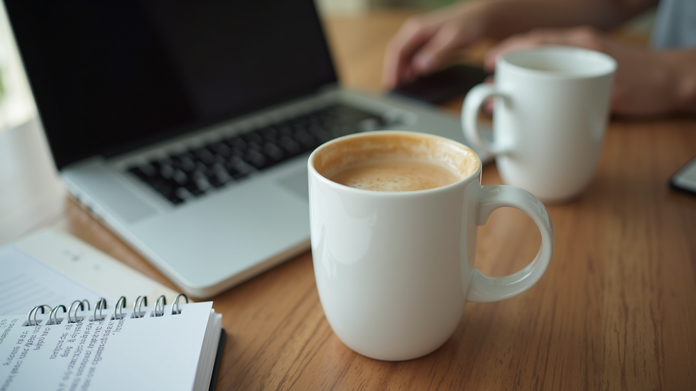High angle view of two coffee mugs on a table beside a laptop during a counseling session