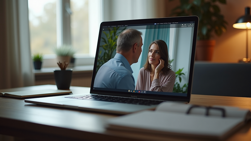 Eye-level view of a laptop on a desk with a virtual therapy session on screen