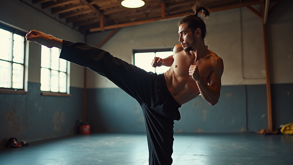 Eye-level view of a martial artist practicing a powerful roundhouse kick in a gym