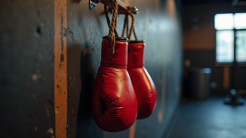 Close-up view of boxing gloves hanging on a gym wall