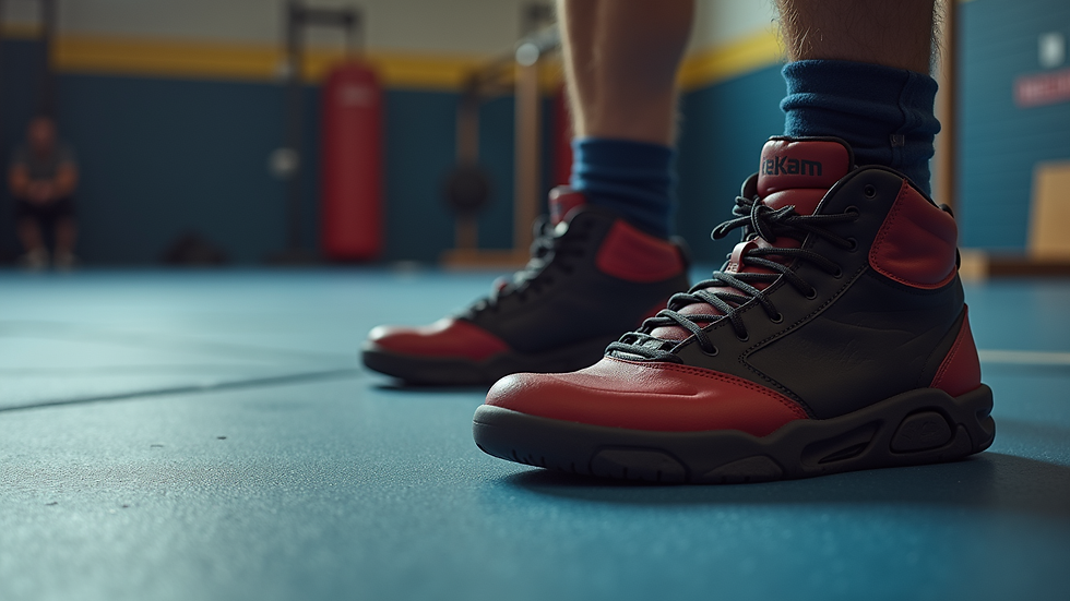 Close-up view of wrestling shoes and mat in a training gym
