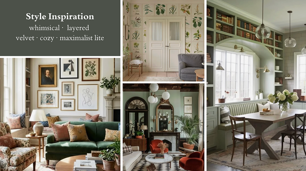 Style Inspiration collage with cozy maximalist rooms, floral wallpaper, bookshelves, and the words whimsical, layered, velvet, cozy.