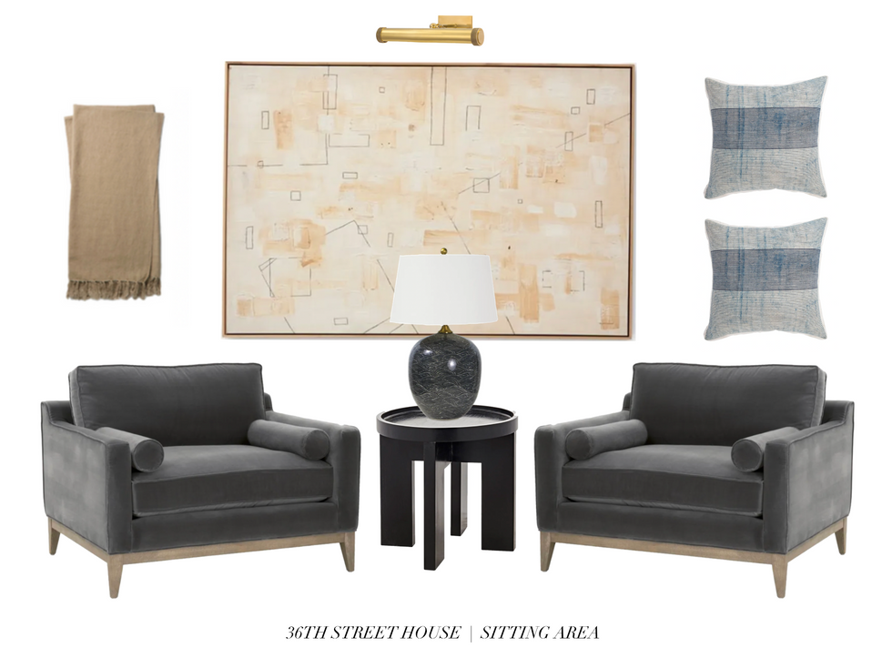 A design style board created by Lauren Figueroa interior design featuring two large grey velvet chairs, an oversized artwork in warm tones, and accessories 