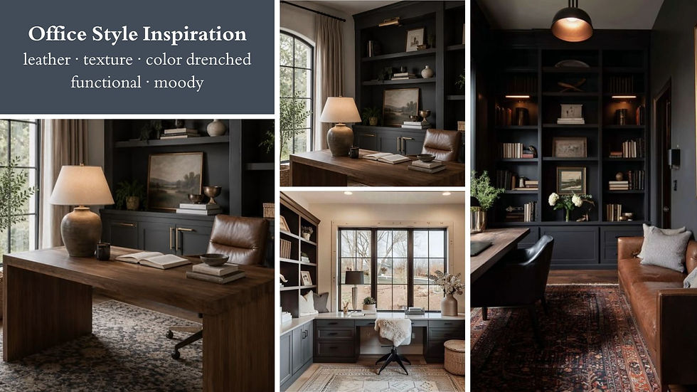 Moody office style inspiration collage with dark built-ins, leather chair, wooden desk, lamp, rugs, and text on leather, texture, color drenched, functional, moody