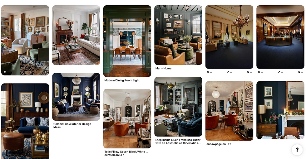 A collage of interior spaces featuring elegant living and dining rooms. Rich colors, ornate decor, and cozy seating create a chic atmosphere.