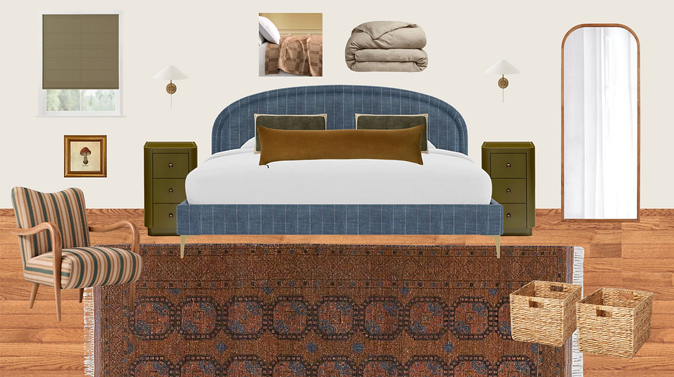 Stylish bedroom mood board with blue upholstered bed, olive nightstands, striped chair, woven baskets, rug, mirror, and wall art.
