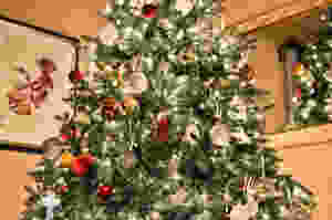 A Christmas tree decorated in red, white and gold.