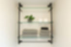 Glass shelves with a potted plant, two rolls of paper, and folded gray towels in a neat, minimalistic setting.