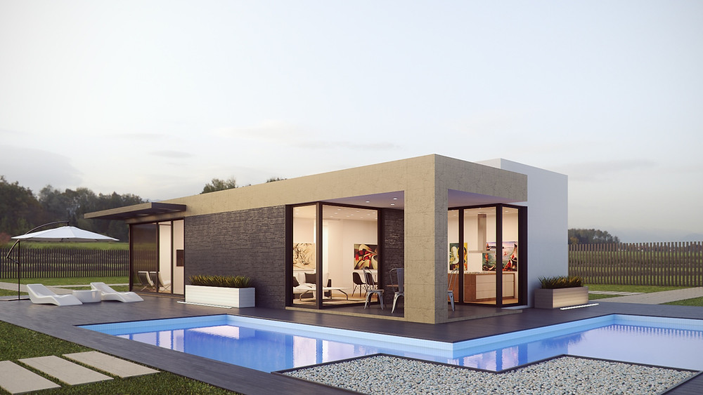 A modern tiny house with sweeping windows.