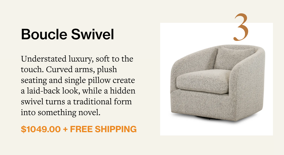 Understated luxury, soft to the touch. Curved arms, plush seating and single pillow create a laid-back look, while a hidden swivel turns a traditional form into something novel.
