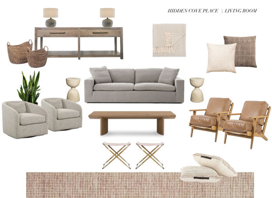 Tonal casual living room design showcased in a mood board with leather chairs, boucle swivels, and a large comfy sofa