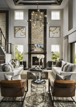 dramatic symmetrical living room with a large fireplace, white sofas, and leather chairs