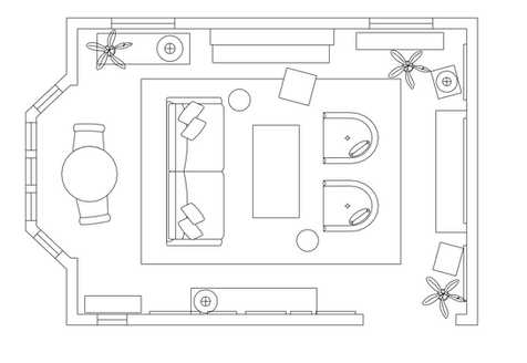 A living room furniture layout with a long sofa, a large coffee table, two chairs, and a cafe table