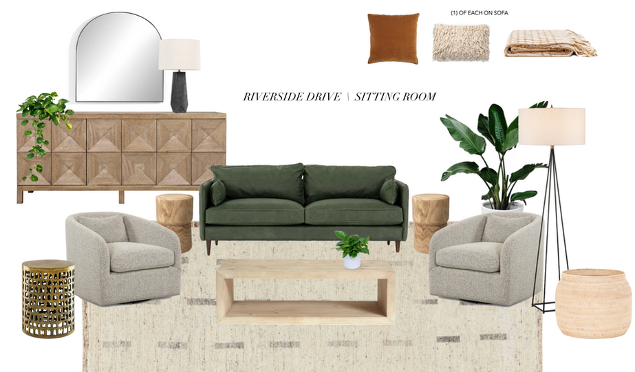 A design concept for a beverly hills michigan house created by interior designer lauren figueroa featuring a green leather sofa and two round swivel chairs