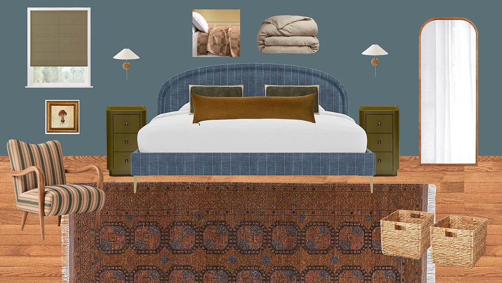 Stylish bedroom mockup with blue upholstered bed, striped chair, olive nightstands, rug, baskets, lamps, and mirrors on teal walls