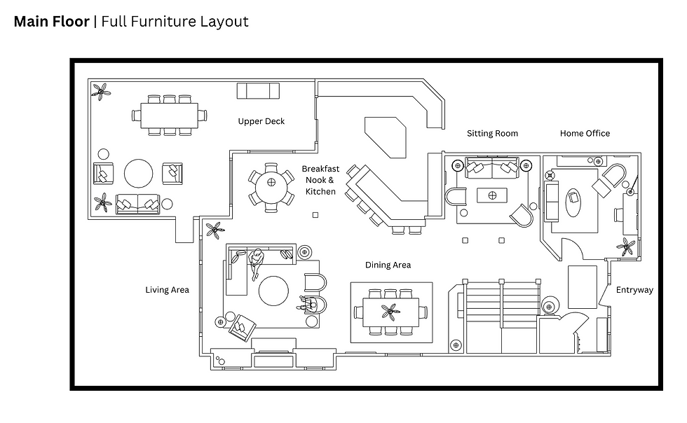 Floor plan with labeled areas: living area, upper deck, sitting room, home office, dining, and kitchen. Includes furniture layout and decor.