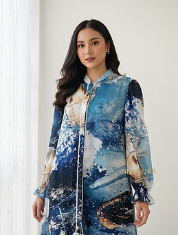 This abstract blue dress brings a perfect blend of sophistication and modern style. The fl
