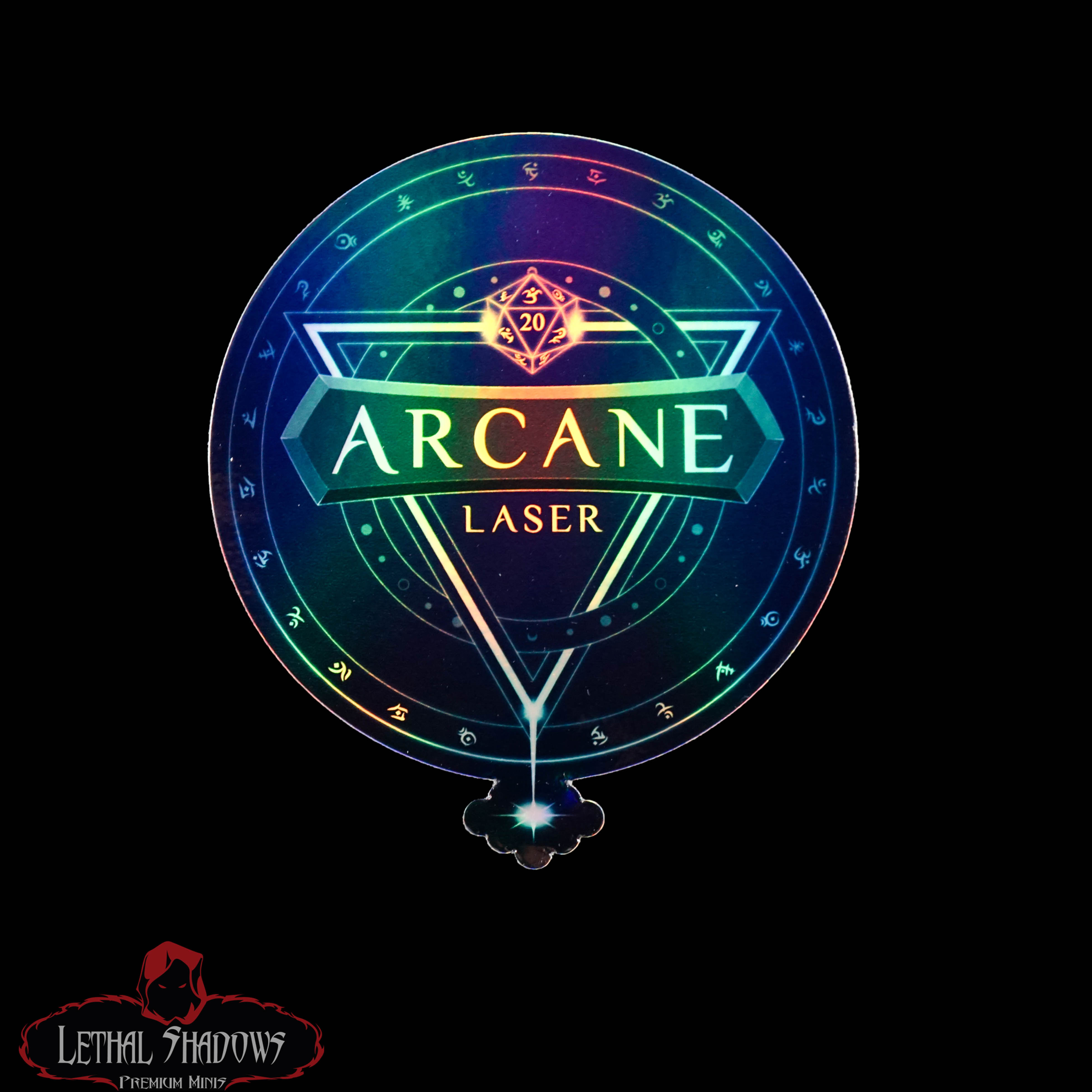 Arcane Laser logo: iridescent emblem with triangular design